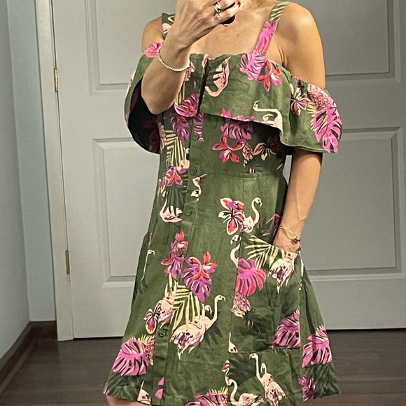 Mango Dresses & Skirts - MNG Casual for Mango Linen Blend Pelican Print Cold Shoulder Dress size 6